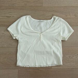 Hippie Rose Tan and White Ribbed Tie Front Blouse